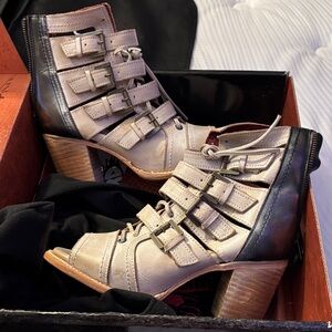 freebird Taupe and Black Strappy Buckle Open-Toe Heeled Booties